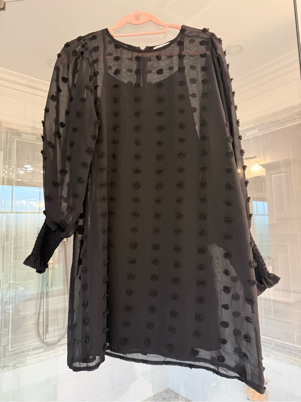 Black Sheer Long-Sleeve Dress with Pom-Pom Texture